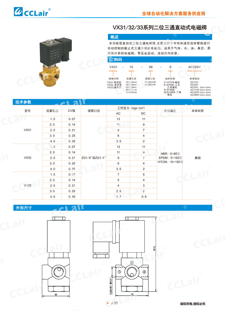 VX31、32、33系列二位三通直動式電磁閥